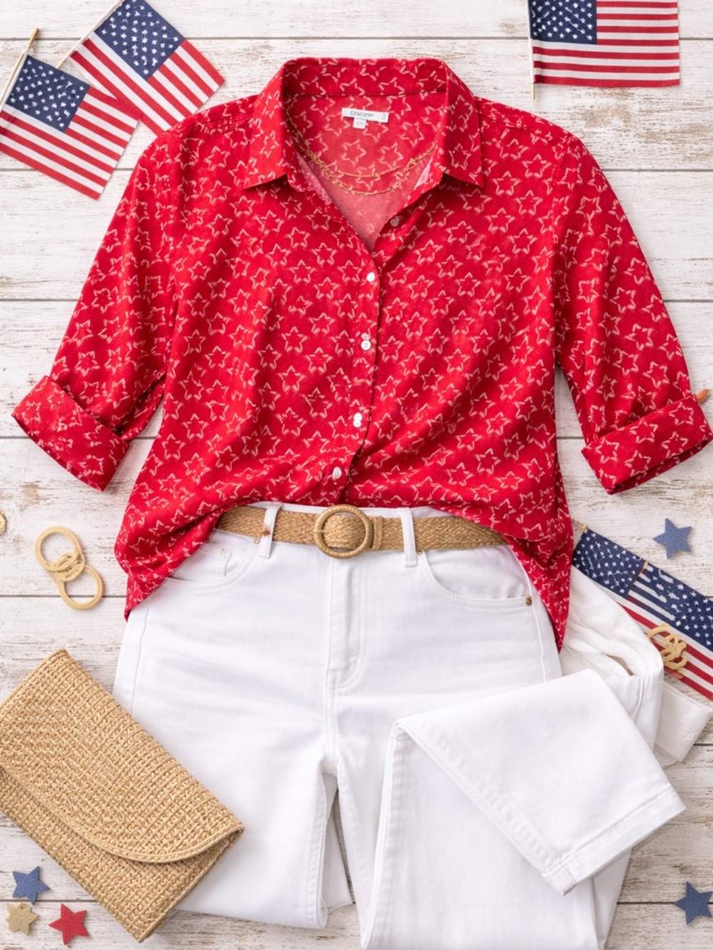 Chico's Red Star-Print Button-Down Shirt